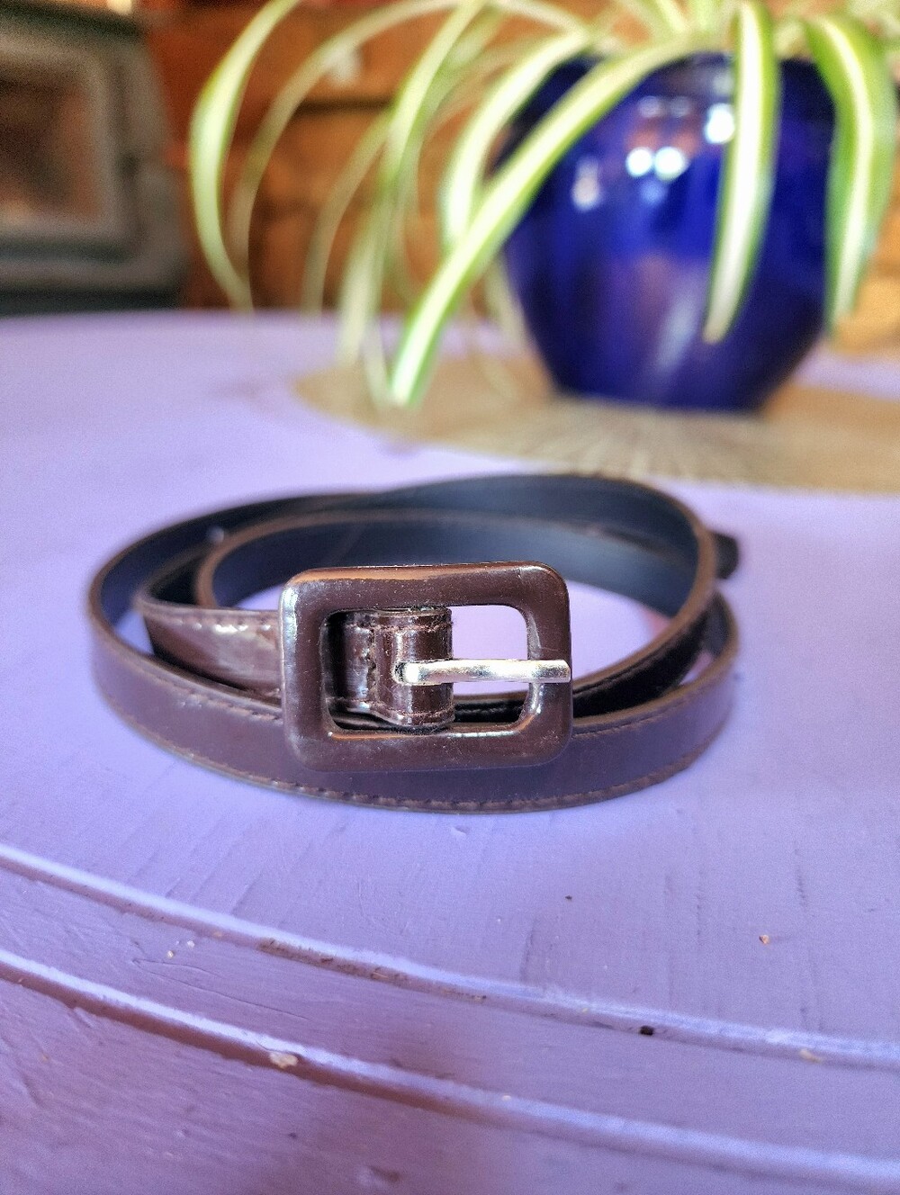 Vintage Thin Brown Faux Patent Leather Belt
